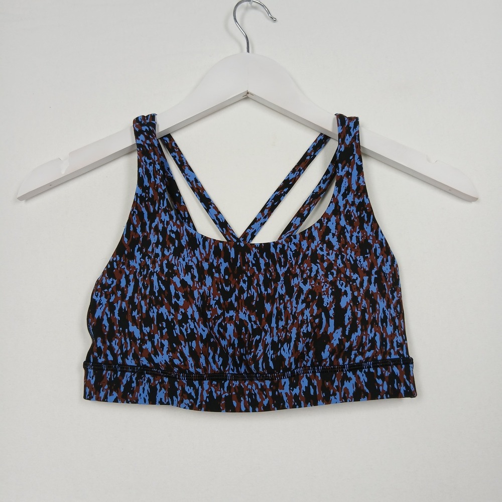 Lululemon Energy Bra Blue Brown Camo Strappy Back Sports Bra LW2BKBS Size 4